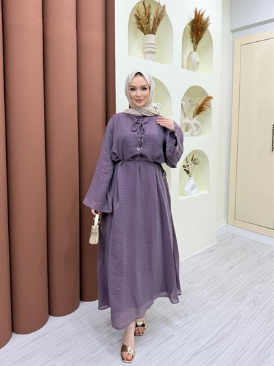 Vela Bağlama Detaylı Elbise Mürdüm