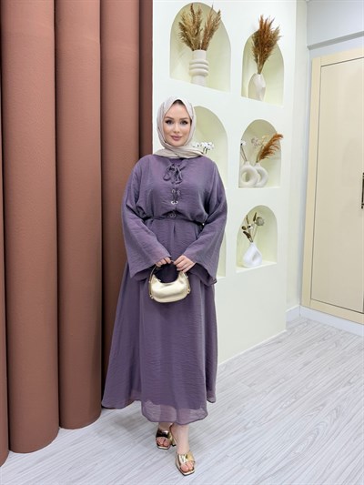 Vela Bağlama Detaylı Elbise Mürdüm