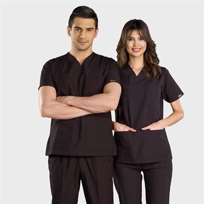 Siyah Klasik Doktor Hemşire Medikal Scrubs Takım Terikoton Kumaş