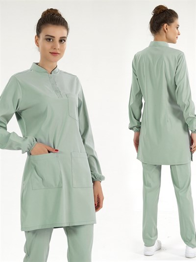 Mint Yeşili Tesettür Hakim Yaka Doktor Hemşire Medikal Scrubs Takım Lüks Likralı Kumaş