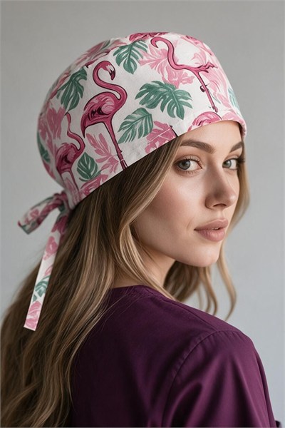Pembe Pelikan Desenli Bone (Cotton Likra Kumaş)