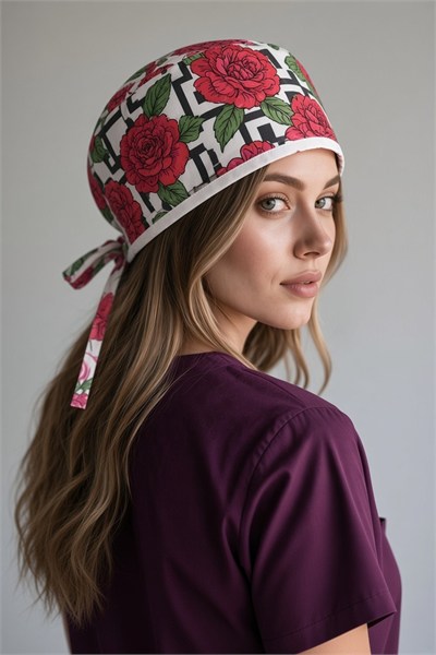 Kırmızı Gül Dalı Desenli Bone (Cotton Likra Kumaş)