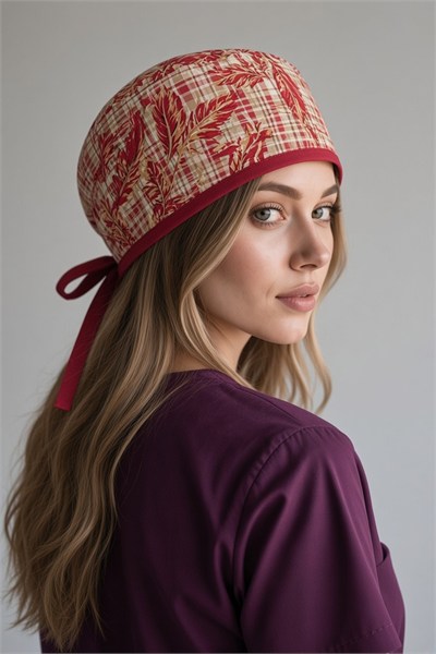 Kırmızı Yaprak Desenli Bone (Cotton Likra Kumaş)