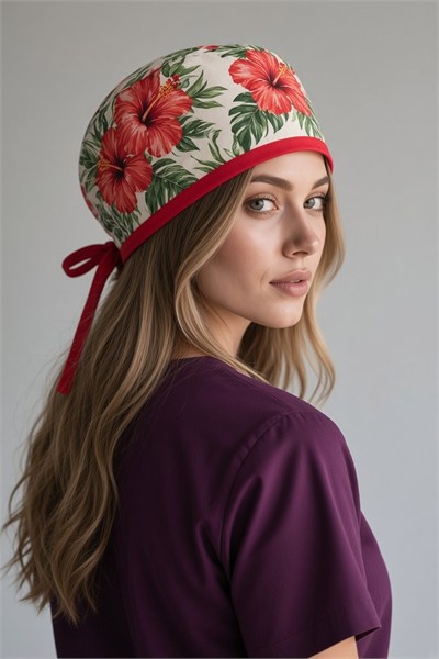 Kırmızı Gül Desenli Bone (Cotton Likra Kumaş)
