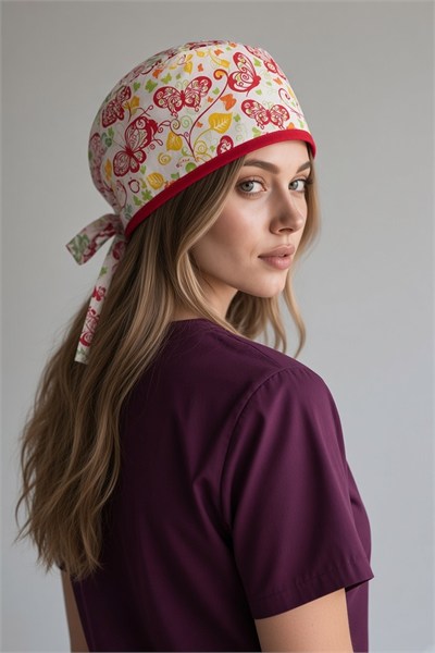 Kırmızı Kelebek Desenli Bone (Cotton Likra Kumaş)