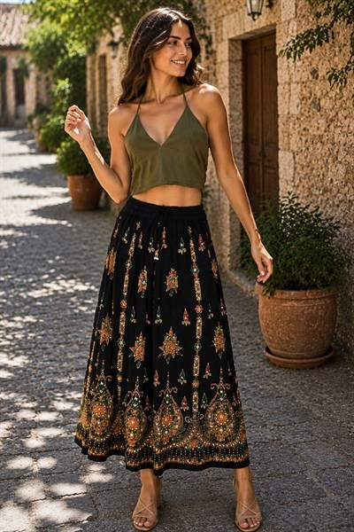 Boho-Sık Payetli ve İşlemeli Desenli Maxi Etek