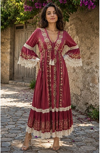 Otantik Desenli Dantel İşlemeli Boho Elbise