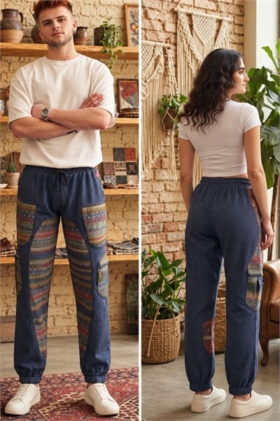 Unisex Etnik Desenli Kilim Detaylı Bol Cepli Bohem Pantolon