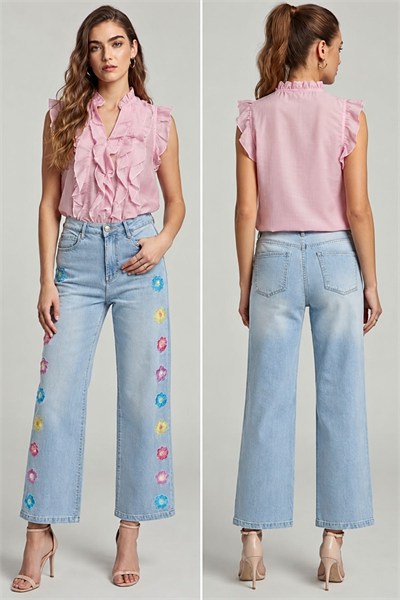 Yüksek Bel Yanları Renkli Çiçek Nakışlı Denim Pantolon