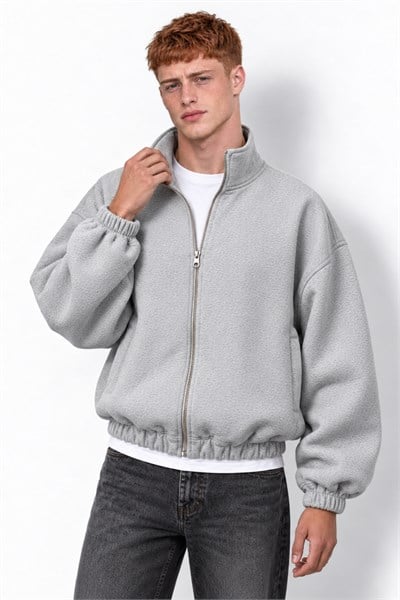 PANDA FABRIC CROPPED BOXY FİT BOMBER GRİ MELANJ