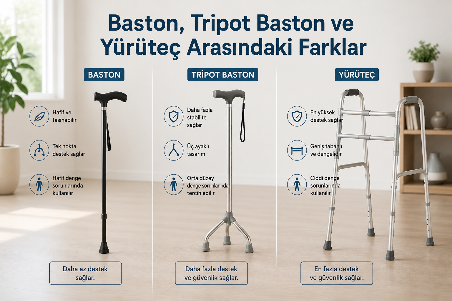 Baston, Tripot Baston ve Yürüteç Arasındaki Farklar