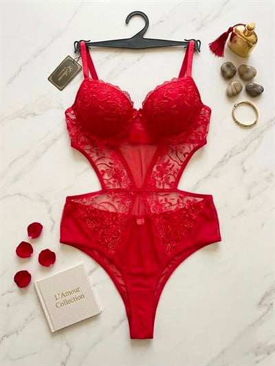Le Amour Kadın Kırmızı Dantel Detaylı Destekli Bodysuit