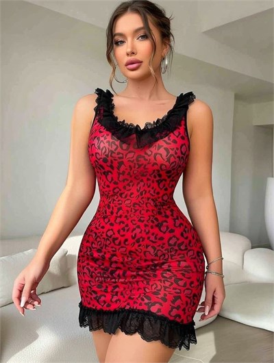 Leopar Desenli Arkası Bağlama Detaylı Gecelik ve Tanga
