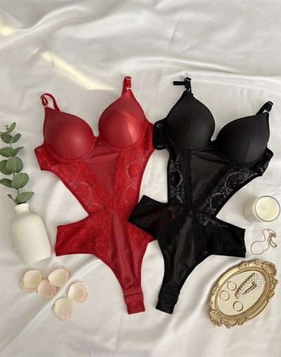 Transparan Dantelli Modern Kırmızı ve Siyah İkili Bodysuit