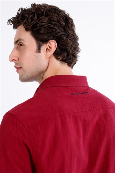 Regular Fit Nakış Detaylı %100 Keten Gömlek