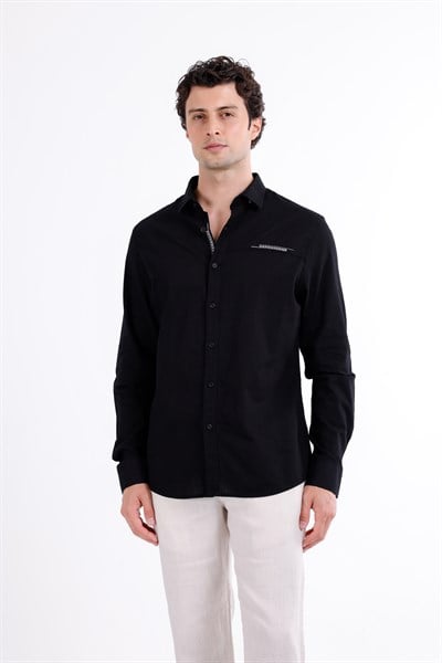 Regular Fit Nakış Detaylı %100 Keten Gömlek