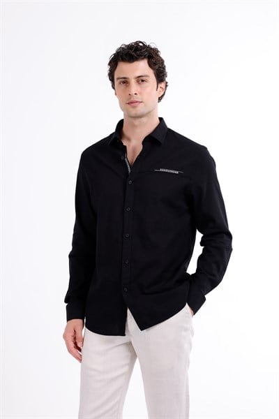 Regular Fit Nakış Detaylı %100 Keten Gömlek