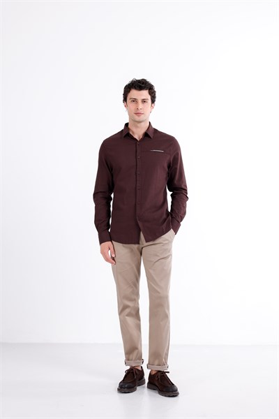 Regular Fit Nakış Detaylı %100 Keten Gömlek