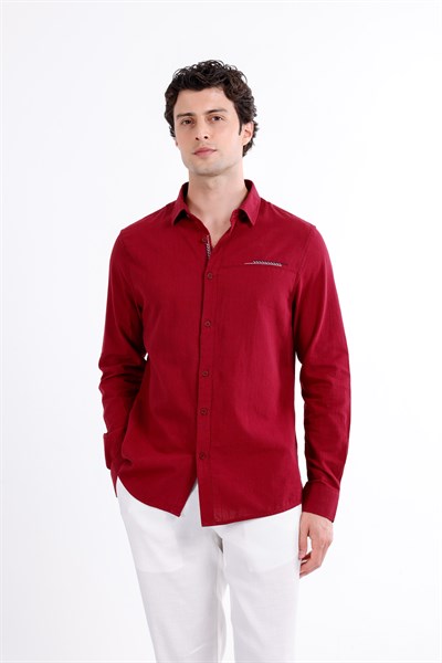 Regular Fit Nakış Detaylı %100 Keten Gömlek