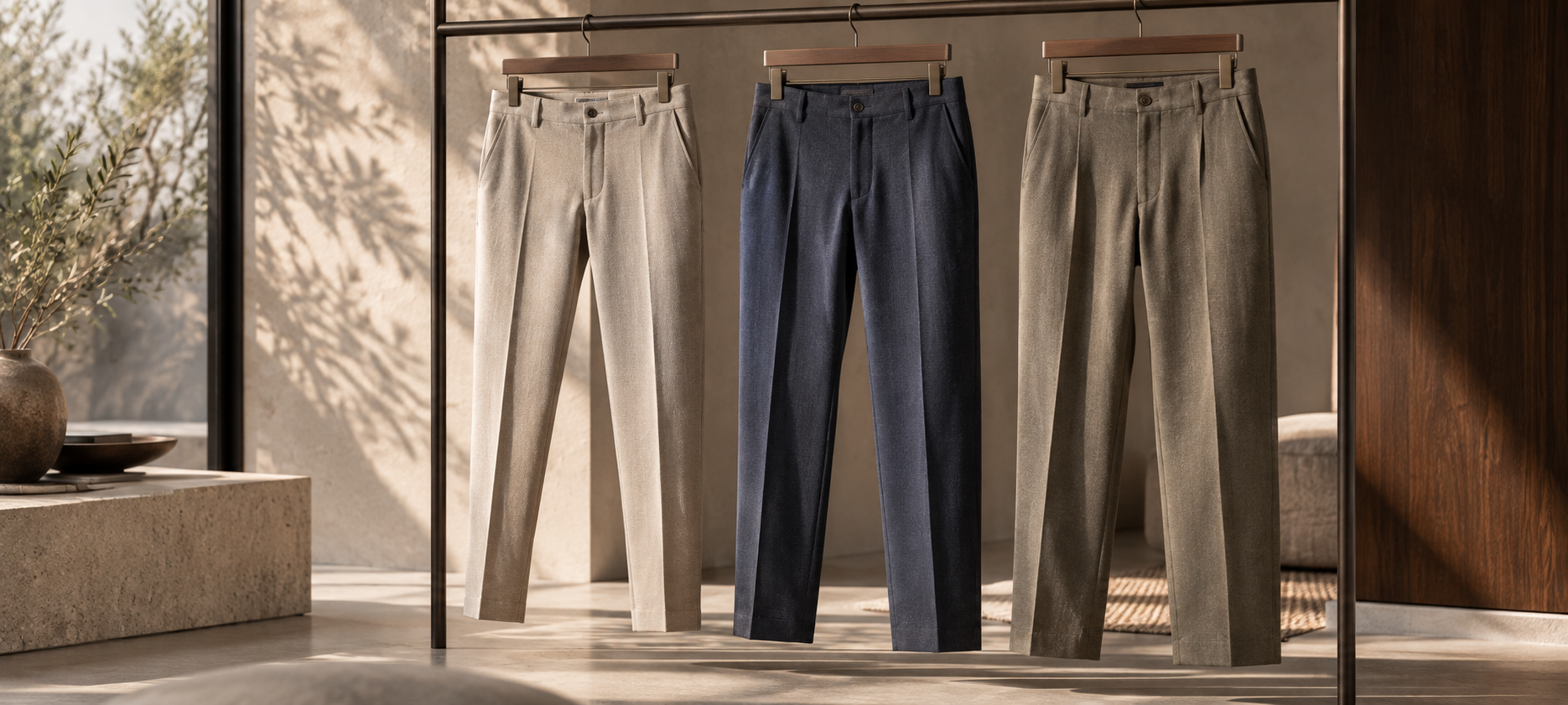 Yan yana asılı slim,straight ve regular kesim erkek pantolonlar,Liwali