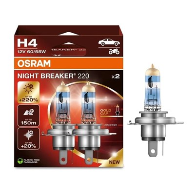 OSRAM 12V H4 AMPÜL 60/55W +%220 PARLAK IŞIK +150 METRE FAZLA GÖRÜŞ +%20 BEYAZ IŞIK (2 AD)
