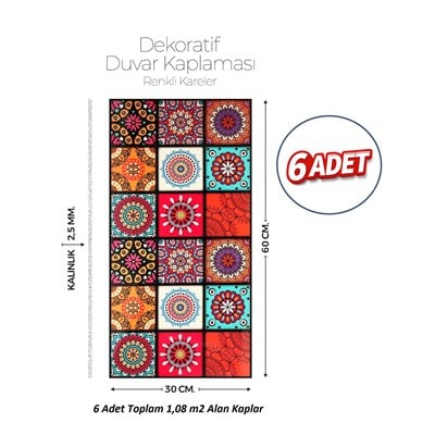 30X60 cm Kendinden Yapışkanlı Duvar,banyo,tezgah Arası Kaplama Çok Renkli 6 Adet