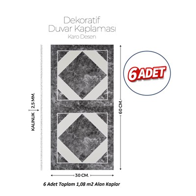 30X60 cm Kendinden Yapışkanlı Duvar,banyo,tezgah Arası Kaplama Karo Desen 6 Adet