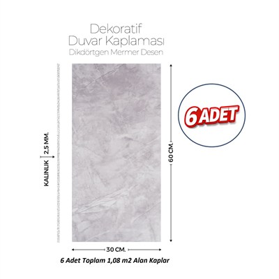 30X60 cm Kendinden Yapışkanlı Duvar,banyo,tezgah Arası Kaplama Açık Gri 6 Adet