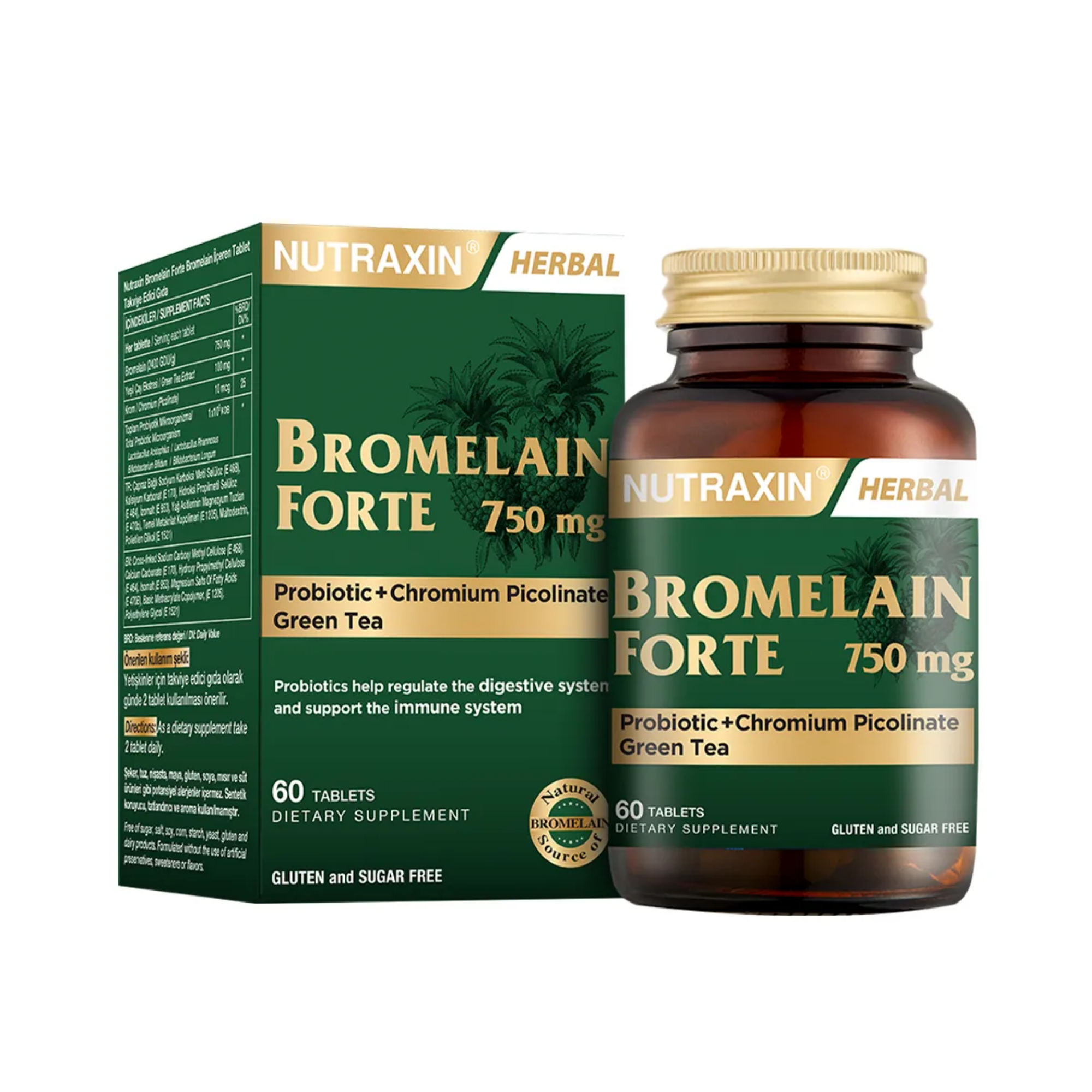 Nutraxin Bromelain Forte 60 Tablet: Ananas Kaynaklı Enzim, Yeşil Çay, Krom ve Probiyotik Desteği