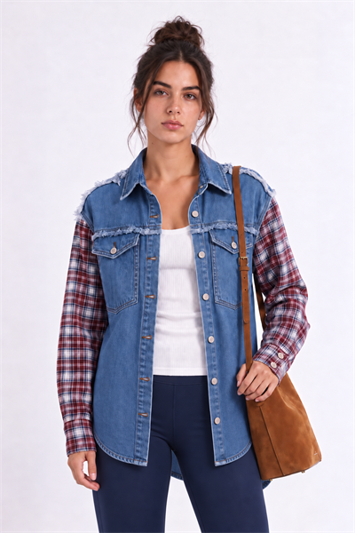 Ekose Kollu Denim Gömlek