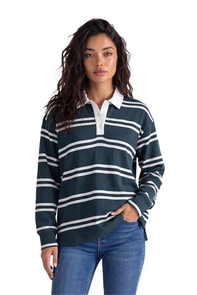 İnce Çizgili Uzun Kollu Polo Yaka T-Shirt