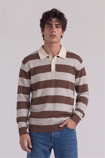 Kalın Çizgili Uzun Kollu Polo Yaka T-Shirt