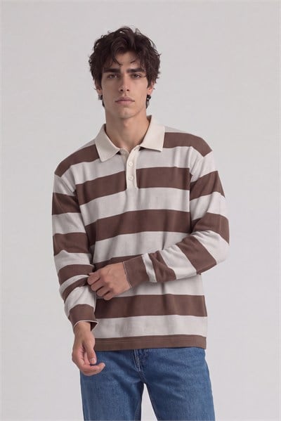 Kalın Çizgili Uzun Kollu Polo Yaka T-Shirt