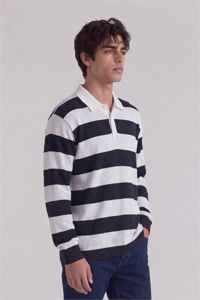 Kalın Çizgili Uzun Kollu Polo Yaka T-Shirt