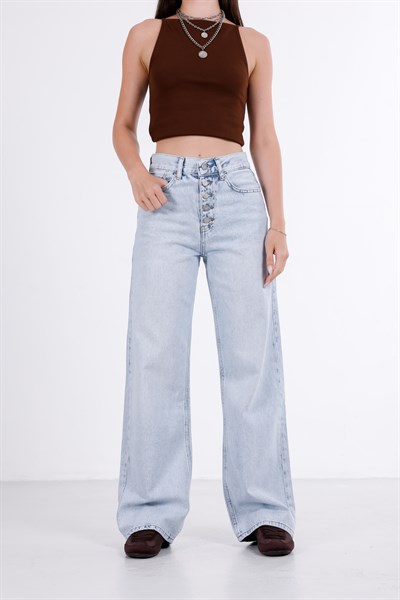 Önden Düğmeli Yüksek Bel Baggy Jean