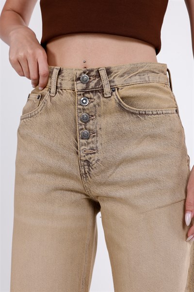 Önden Düğmeli Yüksek Bel Baggy Jean
