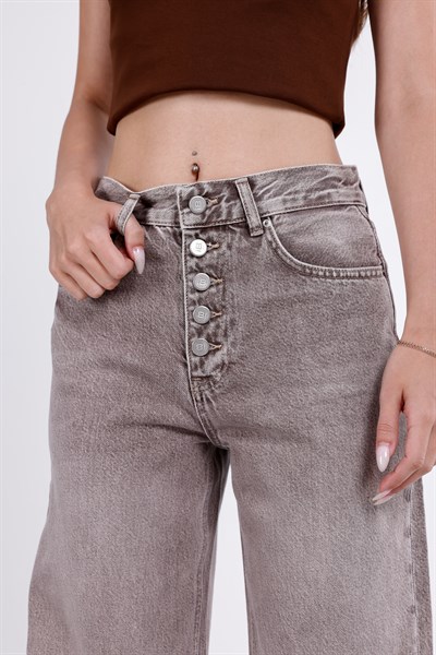 Önden Düğmeli Yüksek Bel Baggy Jean