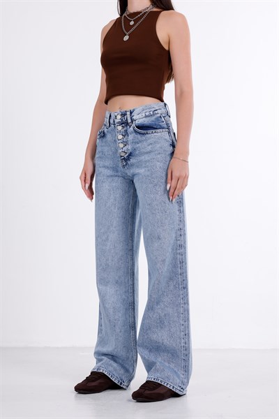 Önden Düğmeli Yüksek Bel Baggy Jean