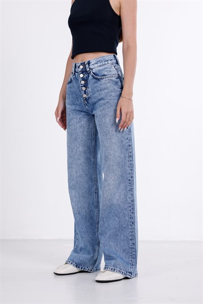 Önden Düğmeli Yüksek Bel Baggy Jean