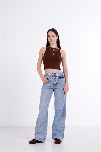 Önden Düğmeli Yüksek Bel Baggy Jean