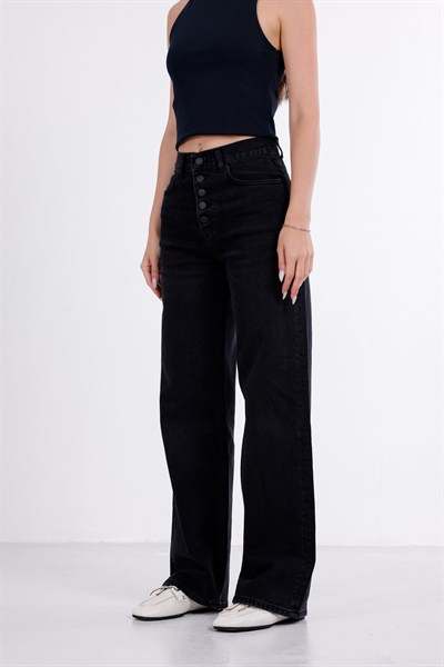 Önden Düğmeli Yüksek Bel Baggy Jean