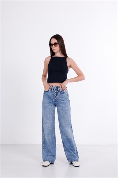 Önden Düğmeli Yüksek Bel Baggy Jean