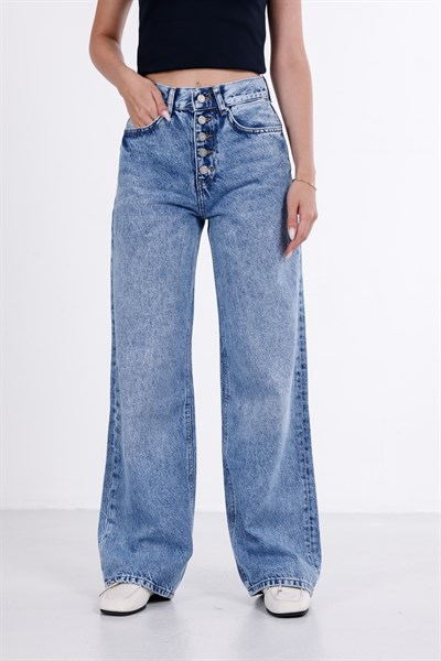Önden Düğmeli Yüksek Bel Baggy Jean