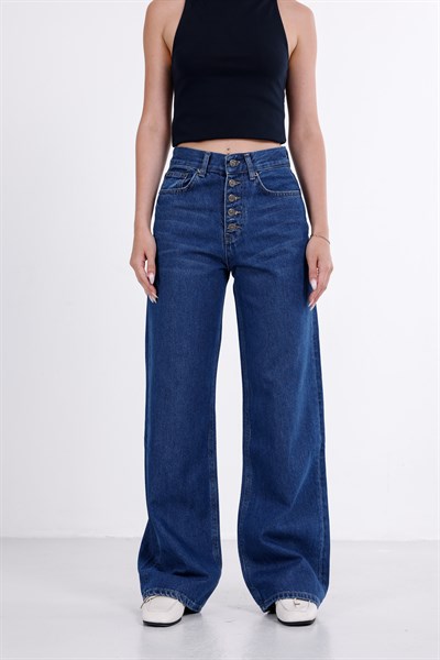Önden Düğmeli Yüksek Bel Baggy Jean