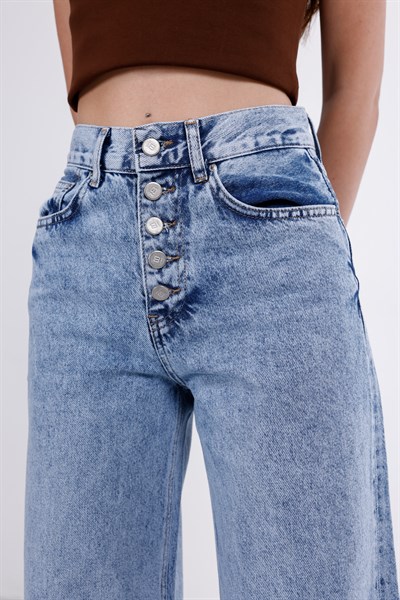 Önden Düğmeli Yüksek Bel Baggy Jean