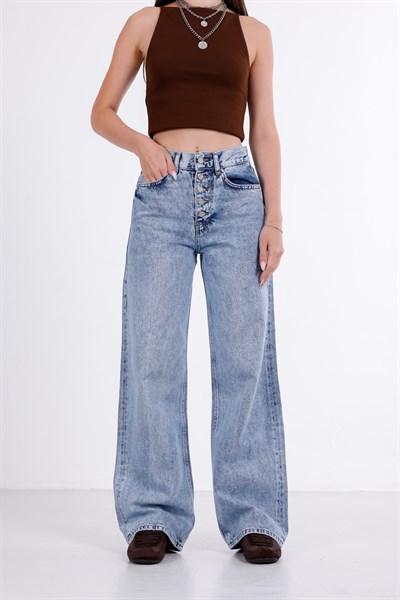 Önden Düğmeli Yüksek Bel Baggy Jean