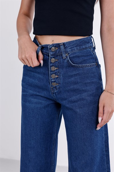 Önden Düğmeli Yüksek Bel Baggy Jean
