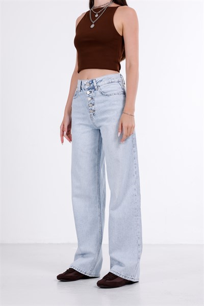 Önden Düğmeli Yüksek Bel Baggy Jean
