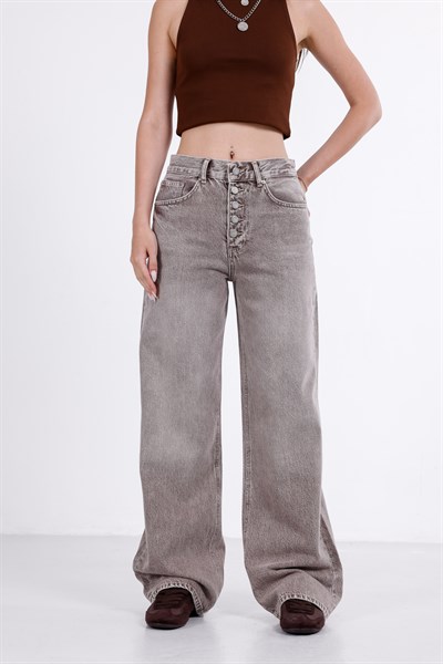 Önden Düğmeli Yüksek Bel Baggy Jean