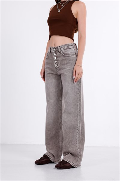 Önden Düğmeli Yüksek Bel Baggy Jean